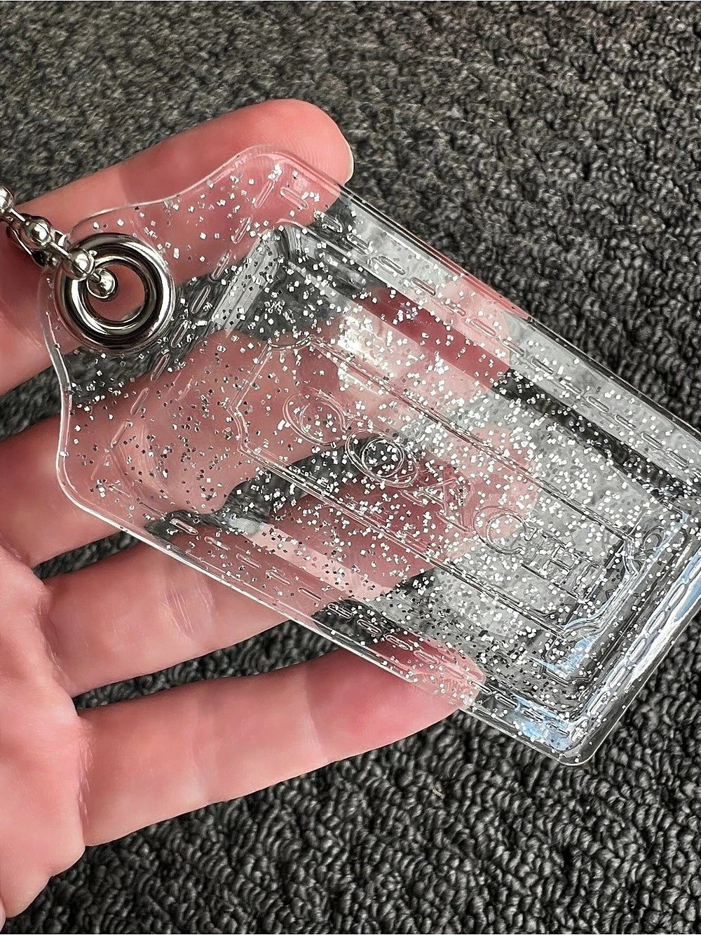 Coach poppy 3.5” Clear silver Glitter Acrylic Hang Tag
